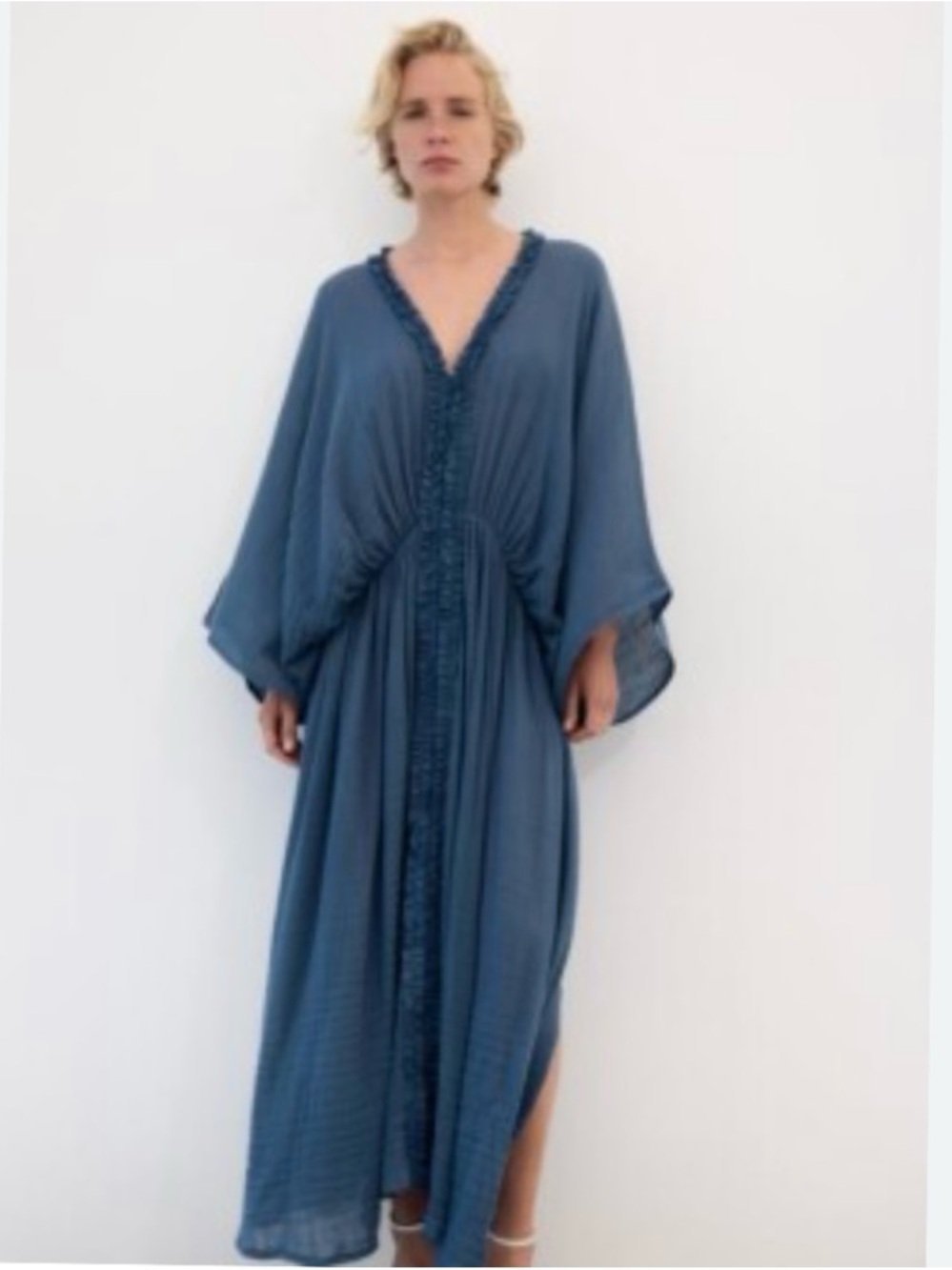 Zara kaftan Dress cotton with ruffle gauzy boho beach oversized Blue Size S